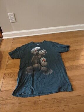 dark blue green realistic popeye with tattoos cotton t shirt size medium